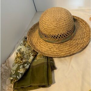 Vintage Straw Hat and Scarf Combo Olive Green